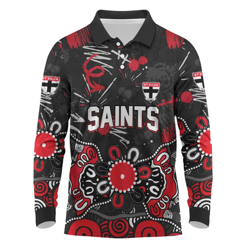 Personalized St Kilda Saints Long Sleeve Polo Shirt Aboriginal Dot Painting Graffiti Style