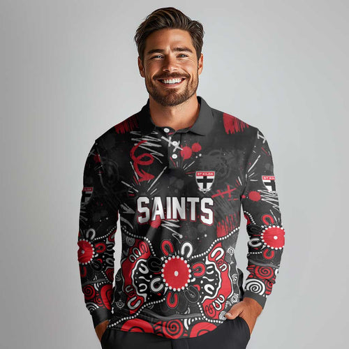 Personalized St Kilda Saints Long Sleeve Polo Shirt Aboriginal Dot Painting Graffiti Style