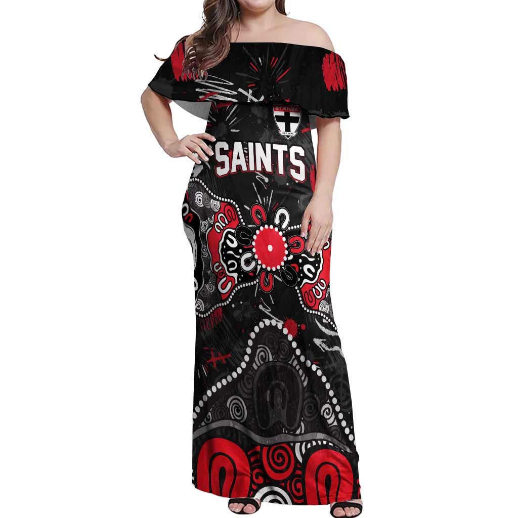 Personalized St Kilda Saints Off Shoulder Maxi Dress Aboriginal Dot Painting Graffiti Style