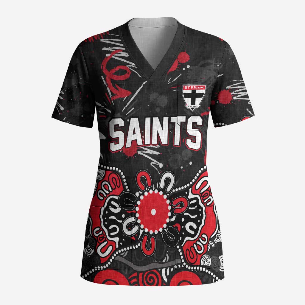 Personalized St Kilda Saints Scrub Top Aboriginal Dot Painting Graffiti Style