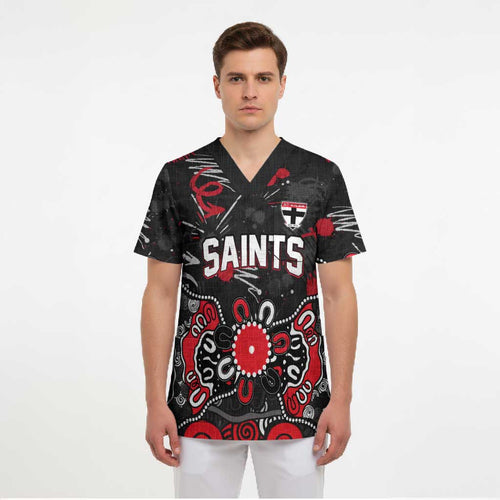 Personalized St Kilda Saints Scrub Top Aboriginal Dot Painting Graffiti Style
