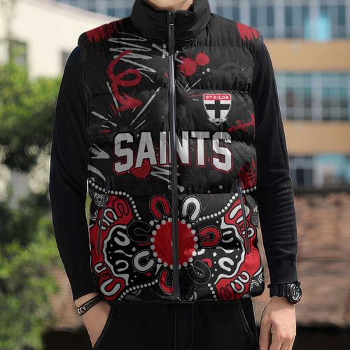 Personalized St Kilda Saints Sleeveless Puffer Jacket Aboriginal Dot Painting Graffiti Style