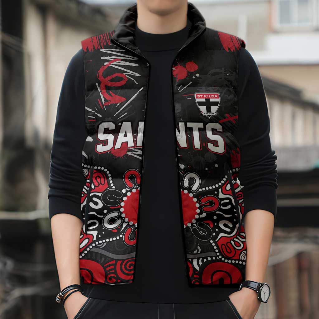 Personalized St Kilda Saints Sleeveless Puffer Jacket Aboriginal Dot Painting Graffiti Style