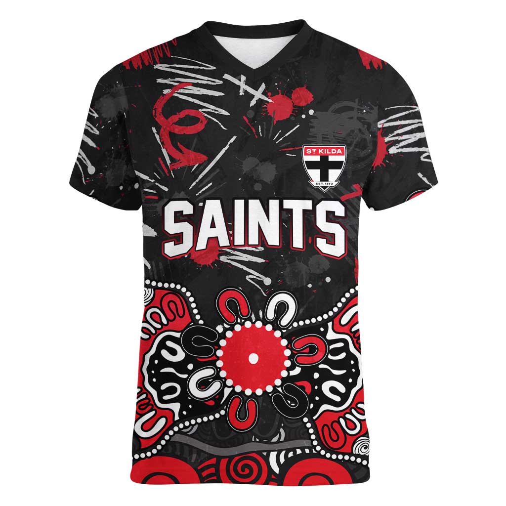 Personalized St Kilda Saints Women V-Neck T-Shirt Aboriginal Dot Painting Graffiti Style