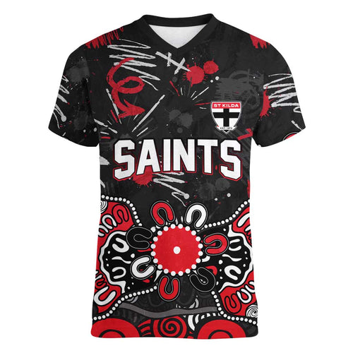 Personalized St Kilda Saints Women V-Neck T-Shirt Aboriginal Dot Painting Graffiti Style