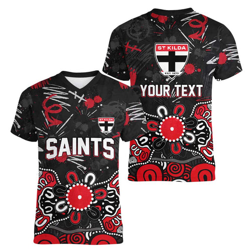 Personalized St Kilda Saints Women V-Neck T-Shirt Aboriginal Dot Painting Graffiti Style