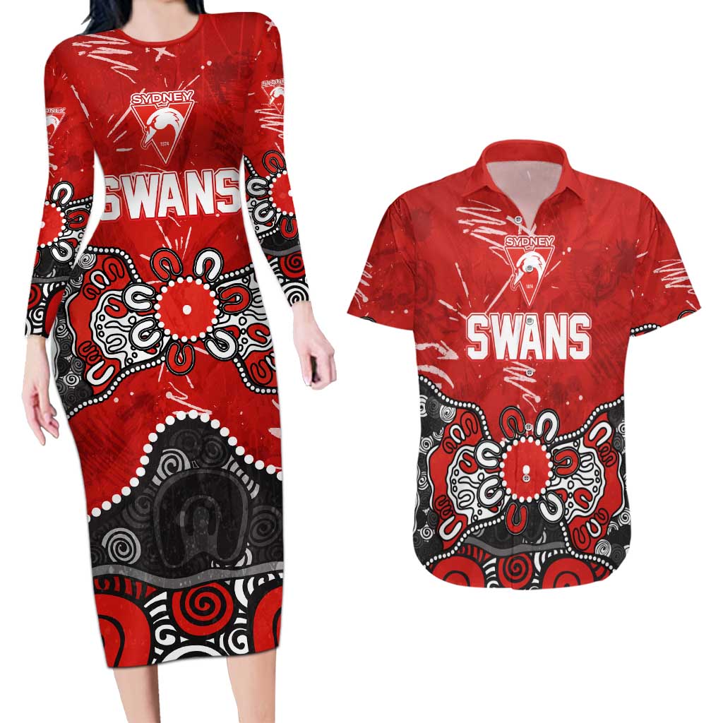 Personalized Sydney Swans Couples Matching Long Sleeve Bodycon Dress and Hawaiian Shirt Aboriginal Dot Painting Graffiti Style