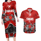 Personalized Sydney Swans Couples Matching Long Sleeve Bodycon Dress and Hawaiian Shirt Aboriginal Dot Painting Graffiti Style