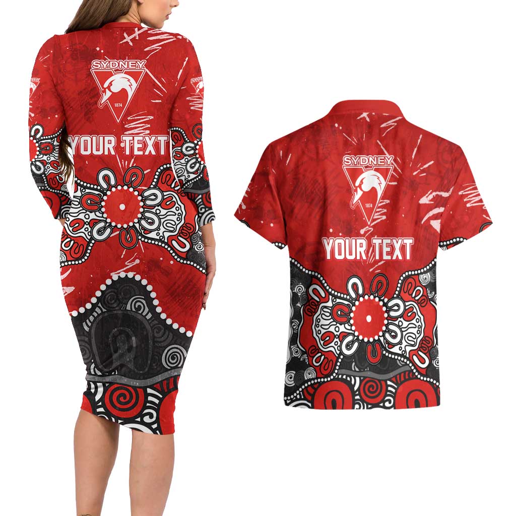 Personalized Sydney Swans Couples Matching Long Sleeve Bodycon Dress and Hawaiian Shirt Aboriginal Dot Painting Graffiti Style