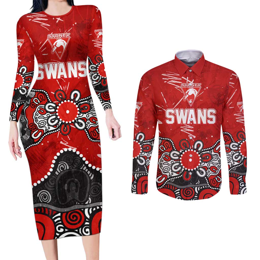 Personalized Sydney Swans Couples Matching Long Sleeve Bodycon Dress and Long Sleeve Button Shirt Aboriginal Dot Painting Graffiti Style