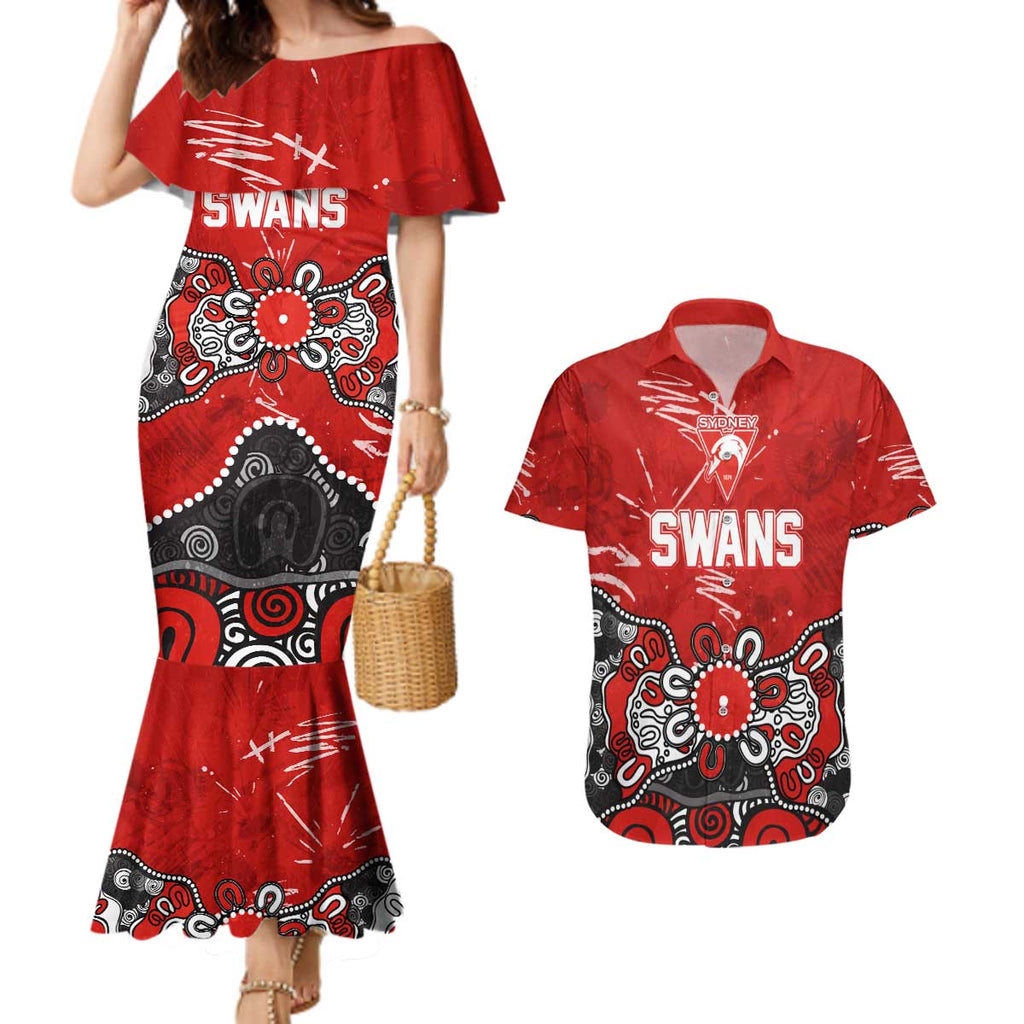 Personalized Sydney Swans Couples Matching Mermaid Dress and Hawaiian Shirt Aboriginal Dot Painting Graffiti Style