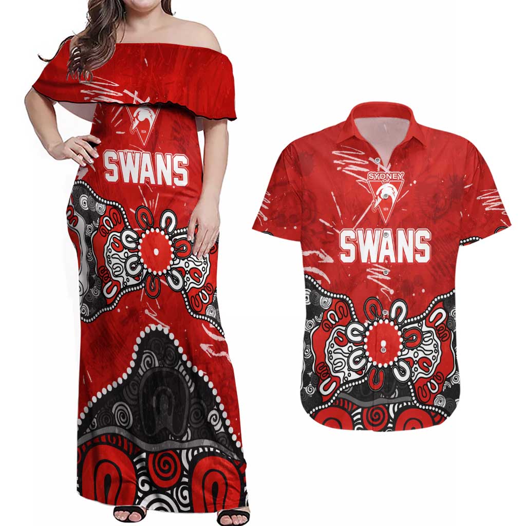 Personalized Sydney Swans Couples Matching Off Shoulder Maxi Dress and Hawaiian Shirt Aboriginal Dot Painting Graffiti Style