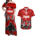 Personalized Sydney Swans Couples Matching Off Shoulder Maxi Dress and Hawaiian Shirt Aboriginal Dot Painting Graffiti Style