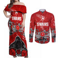 Personalized Sydney Swans Couples Matching Off Shoulder Maxi Dress and Long Sleeve Button Shirt Aboriginal Dot Painting Graffiti Style