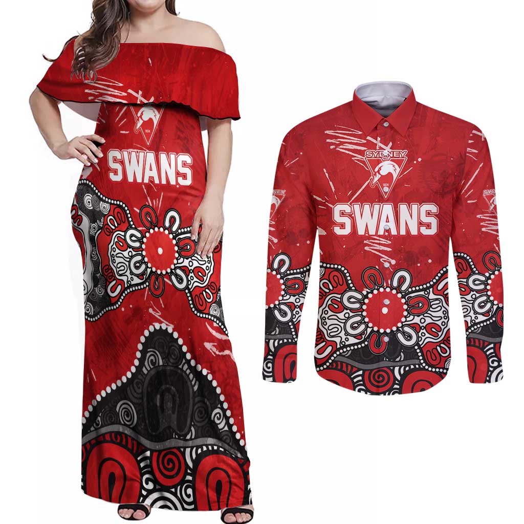 Personalized Sydney Swans Couples Matching Off Shoulder Maxi Dress and Long Sleeve Button Shirt Aboriginal Dot Painting Graffiti Style