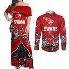 Personalized Sydney Swans Couples Matching Off Shoulder Maxi Dress and Long Sleeve Button Shirt Aboriginal Dot Painting Graffiti Style