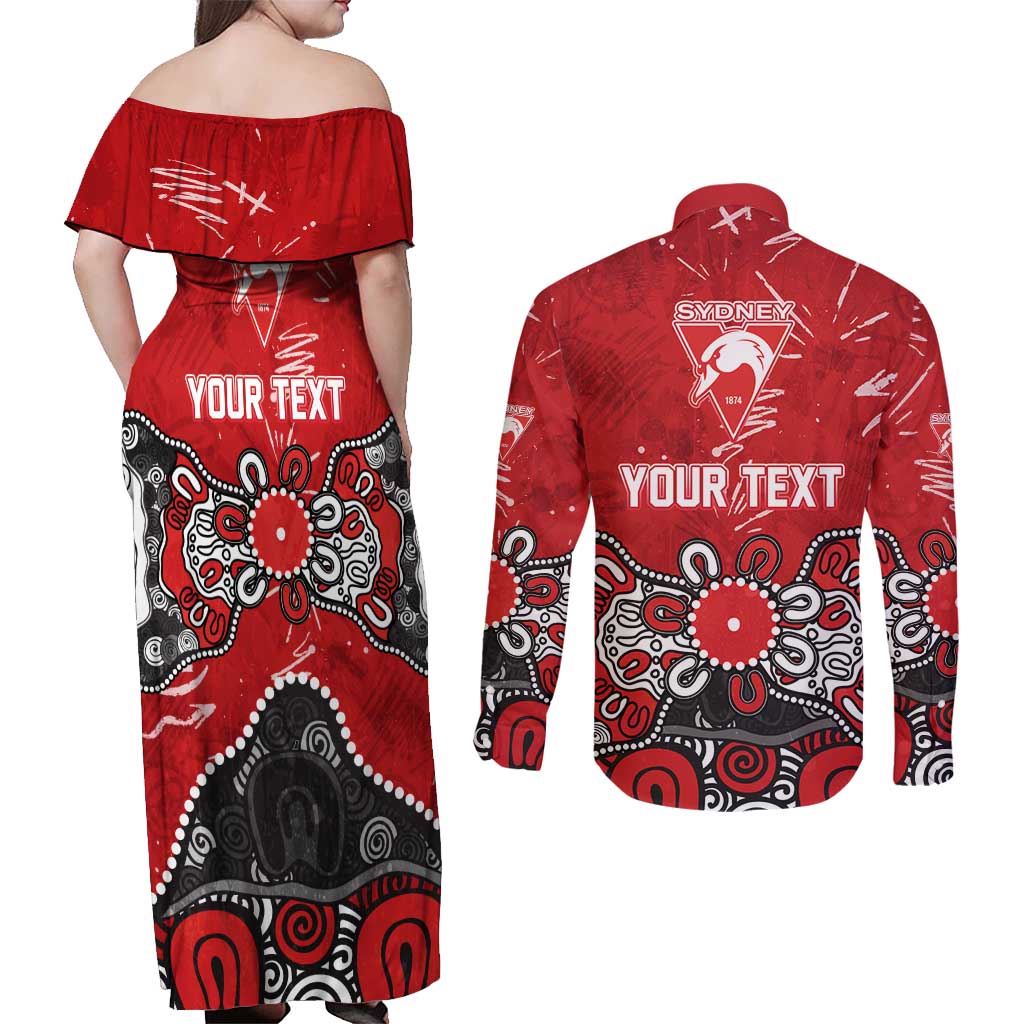 Personalized Sydney Swans Couples Matching Off Shoulder Maxi Dress and Long Sleeve Button Shirt Aboriginal Dot Painting Graffiti Style