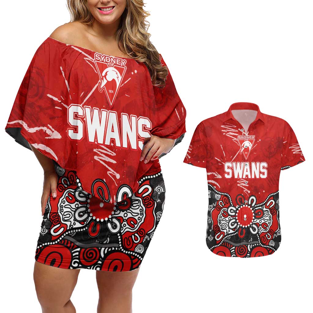 Personalized Sydney Swans Couples Matching Off Shoulder Short Dress and Hawaiian Shirt Aboriginal Dot Painting Graffiti Style