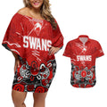 Personalized Sydney Swans Couples Matching Off Shoulder Short Dress and Hawaiian Shirt Aboriginal Dot Painting Graffiti Style