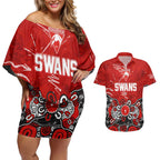 Personalized Sydney Swans Couples Matching Off Shoulder Short Dress and Hawaiian Shirt Aboriginal Dot Painting Graffiti Style