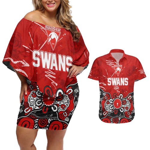 Personalized Sydney Swans Couples Matching Off Shoulder Short Dress and Hawaiian Shirt Aboriginal Dot Painting Graffiti Style