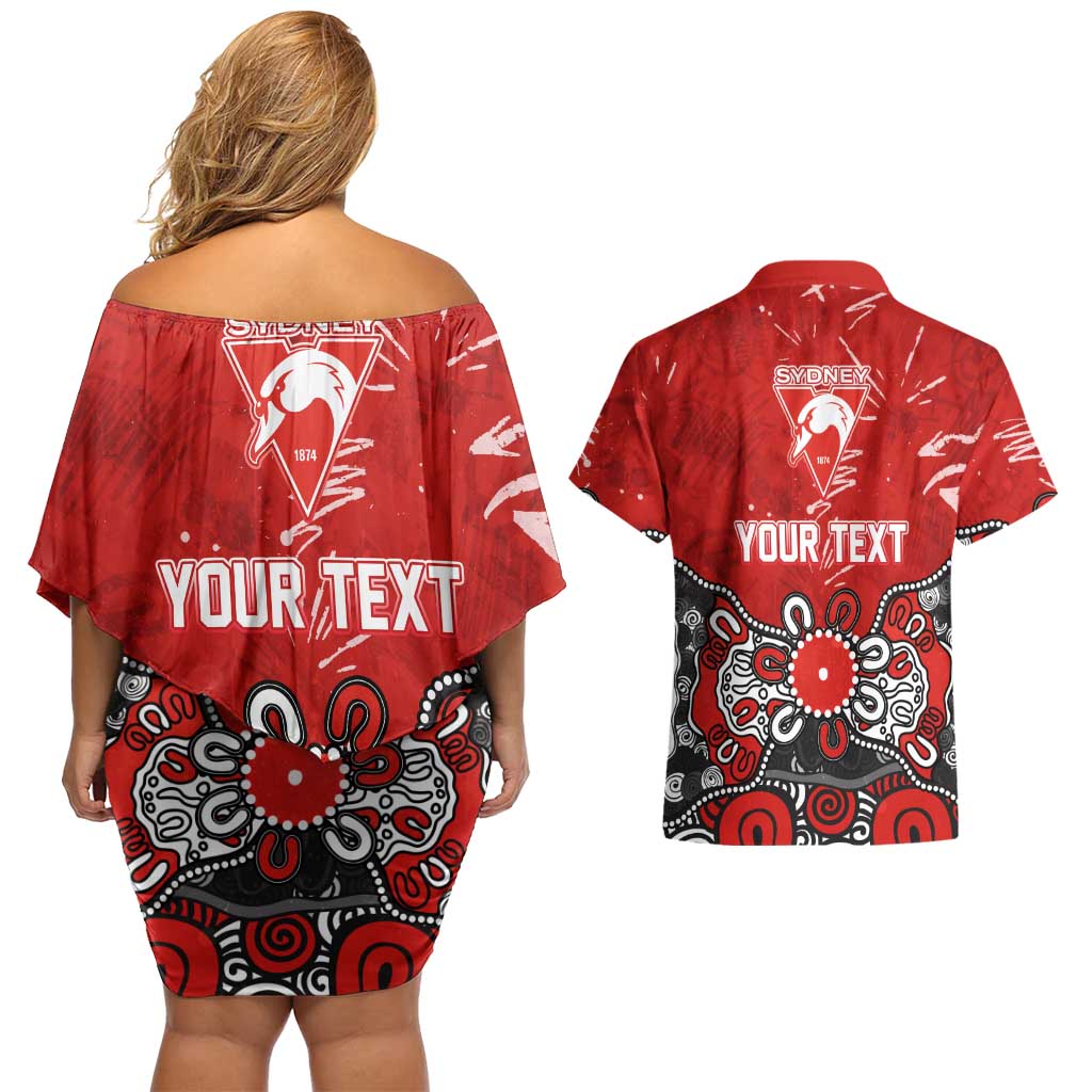 Personalized Sydney Swans Couples Matching Off Shoulder Short Dress and Hawaiian Shirt Aboriginal Dot Painting Graffiti Style