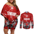 Personalized Sydney Swans Couples Matching Off Shoulder Short Dress and Long Sleeve Button Shirt Aboriginal Dot Painting Graffiti Style