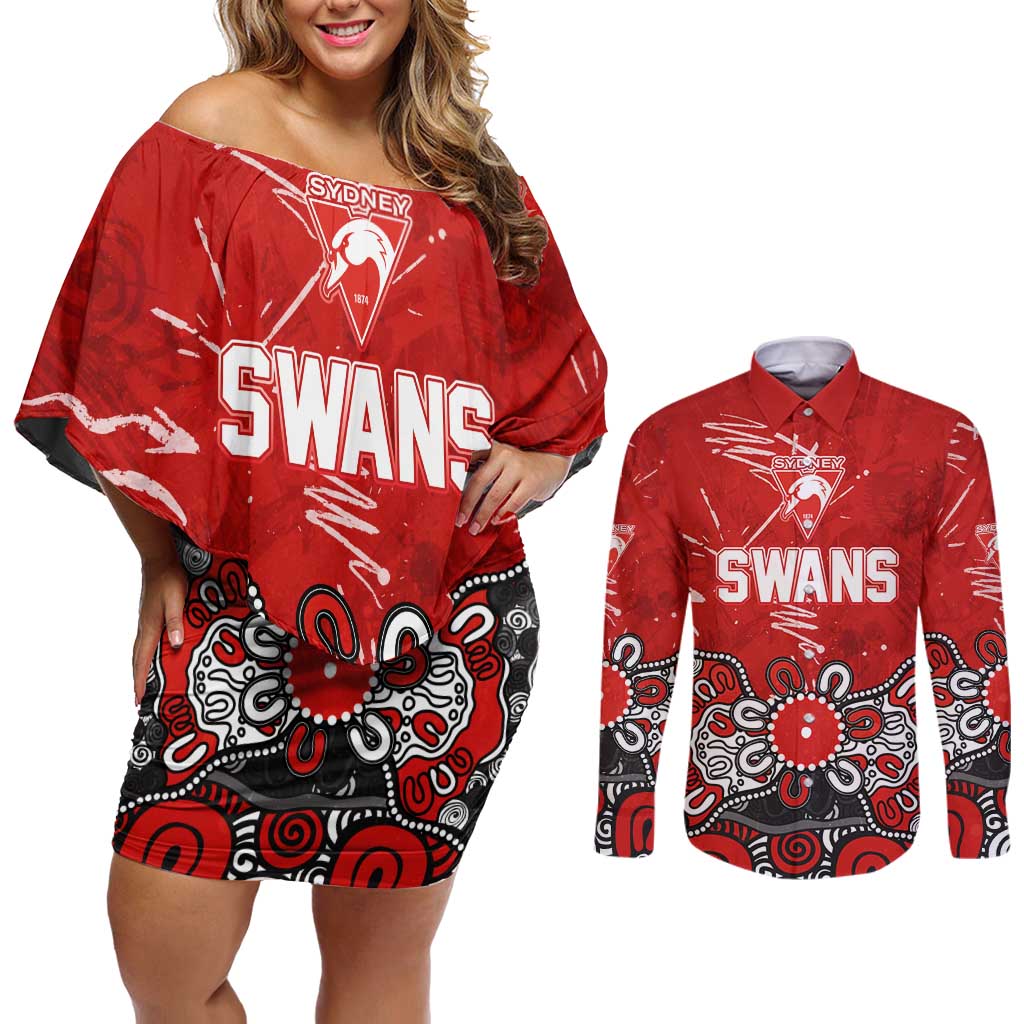 Personalized Sydney Swans Couples Matching Off Shoulder Short Dress and Long Sleeve Button Shirt Aboriginal Dot Painting Graffiti Style