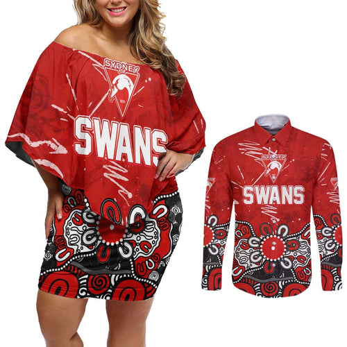 Personalized Sydney Swans Couples Matching Off Shoulder Short Dress and Long Sleeve Button Shirt Aboriginal Dot Painting Graffiti Style