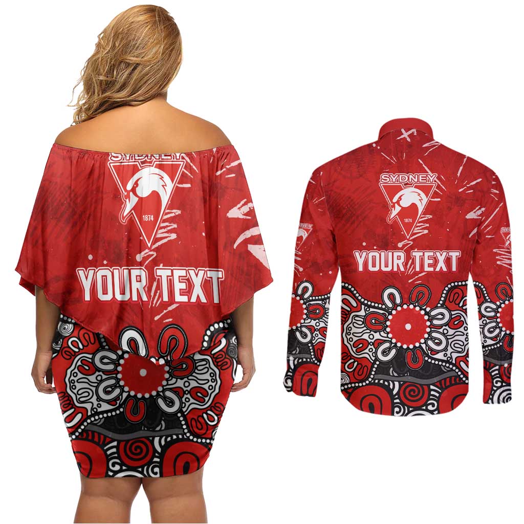 Personalized Sydney Swans Couples Matching Off Shoulder Short Dress and Long Sleeve Button Shirt Aboriginal Dot Painting Graffiti Style