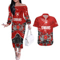 Personalized Sydney Swans Couples Matching Off The Shoulder Long Sleeve Dress and Hawaiian Shirt Aboriginal Dot Painting Graffiti Style