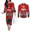 Personalized Sydney Swans Couples Matching Off The Shoulder Long Sleeve Dress and Long Sleeve Button Shirt Aboriginal Dot Painting Graffiti Style