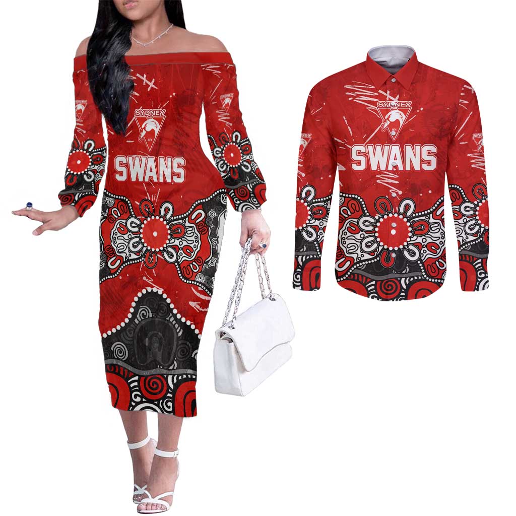 Personalized Sydney Swans Couples Matching Off The Shoulder Long Sleeve Dress and Long Sleeve Button Shirt Aboriginal Dot Painting Graffiti Style