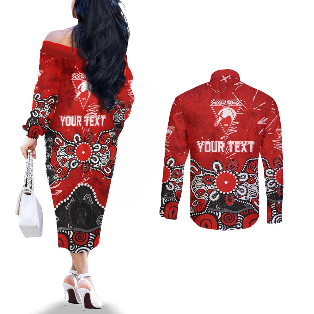 Personalized Sydney Swans Couples Matching Off The Shoulder Long Sleeve Dress and Long Sleeve Button Shirt Aboriginal Dot Painting Graffiti Style