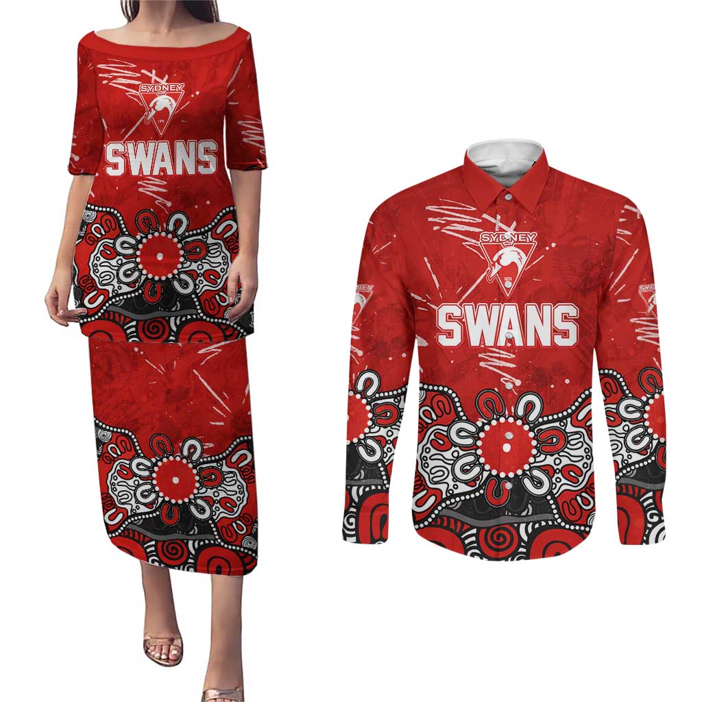 Personalized Sydney Swans Couples Matching Puletasi and Long Sleeve Button Shirt Aboriginal Dot Painting Graffiti Style