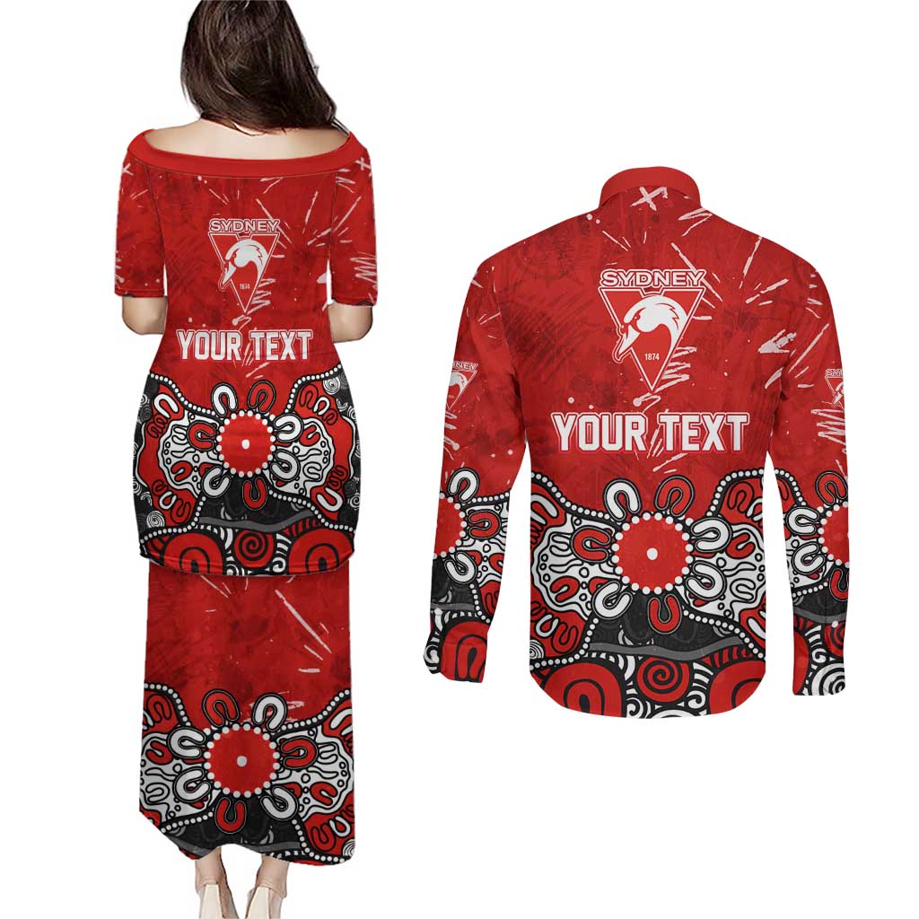 Personalized Sydney Swans Couples Matching Puletasi and Long Sleeve Button Shirt Aboriginal Dot Painting Graffiti Style