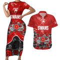 Personalized Sydney Swans Couples Matching Short Sleeve Bodycon Dress and Hawaiian Shirt Aboriginal Dot Painting Graffiti Style