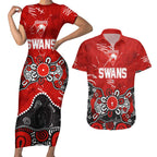 Personalized Sydney Swans Couples Matching Short Sleeve Bodycon Dress and Hawaiian Shirt Aboriginal Dot Painting Graffiti Style