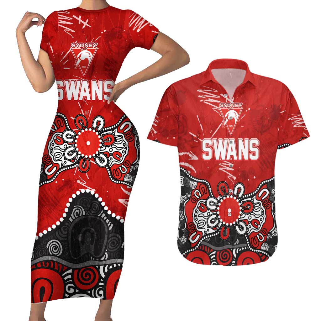 Personalized Sydney Swans Couples Matching Short Sleeve Bodycon Dress and Hawaiian Shirt Aboriginal Dot Painting Graffiti Style