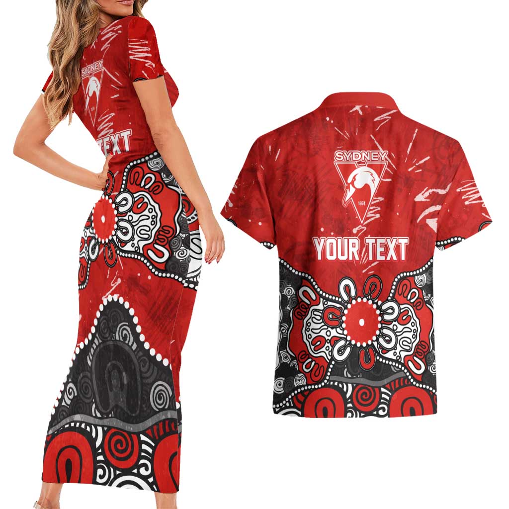 Personalized Sydney Swans Couples Matching Short Sleeve Bodycon Dress and Hawaiian Shirt Aboriginal Dot Painting Graffiti Style