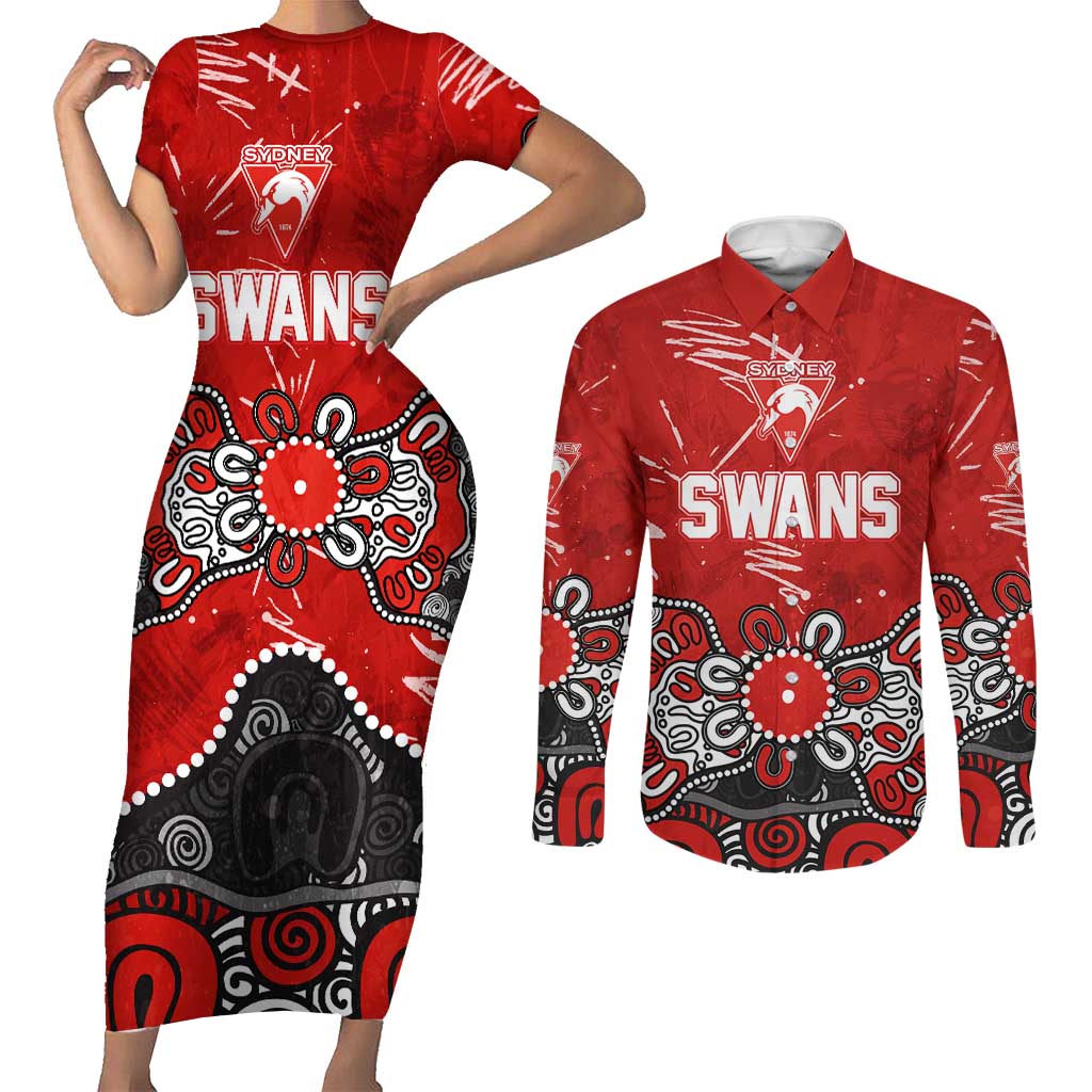 Personalized Sydney Swans Couples Matching Short Sleeve Bodycon Dress and Long Sleeve Button Shirt Aboriginal Dot Painting Graffiti Style