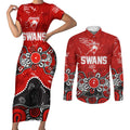 Personalized Sydney Swans Couples Matching Short Sleeve Bodycon Dress and Long Sleeve Button Shirt Aboriginal Dot Painting Graffiti Style