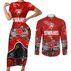 Personalized Sydney Swans Couples Matching Short Sleeve Bodycon Dress and Long Sleeve Button Shirt Aboriginal Dot Painting Graffiti Style