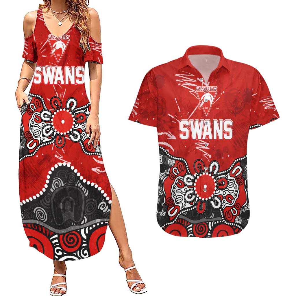 Personalized Sydney Swans Couples Matching Summer Maxi Dress and Hawaiian Shirt Aboriginal Dot Painting Graffiti Style