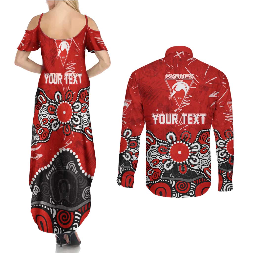 Personalized Sydney Swans Couples Matching Summer Maxi Dress and Long Sleeve Button Shirt Aboriginal Dot Painting Graffiti Style