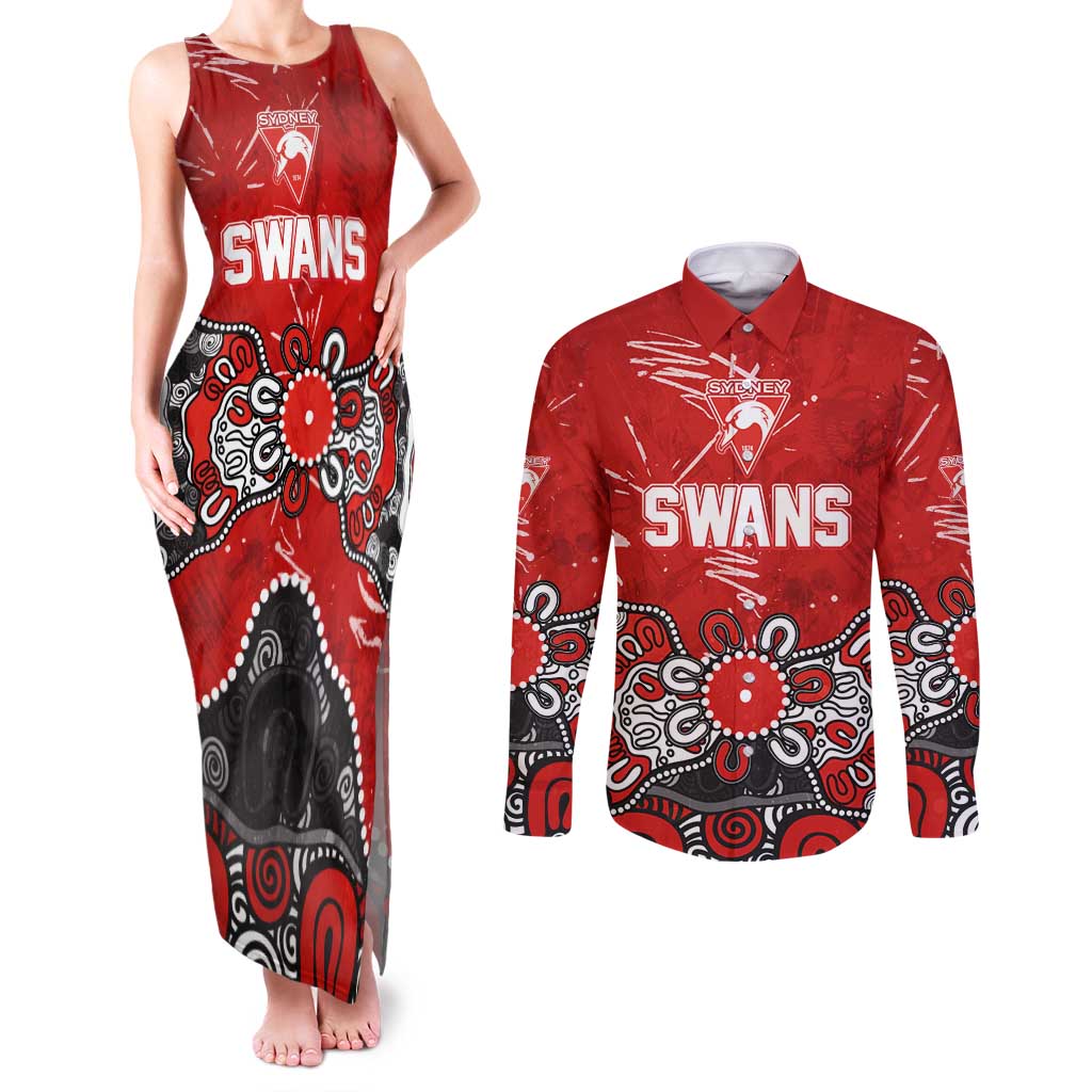 Personalized Sydney Swans Couples Matching Tank Maxi Dress and Long Sleeve Button Shirt Aboriginal Dot Painting Graffiti Style