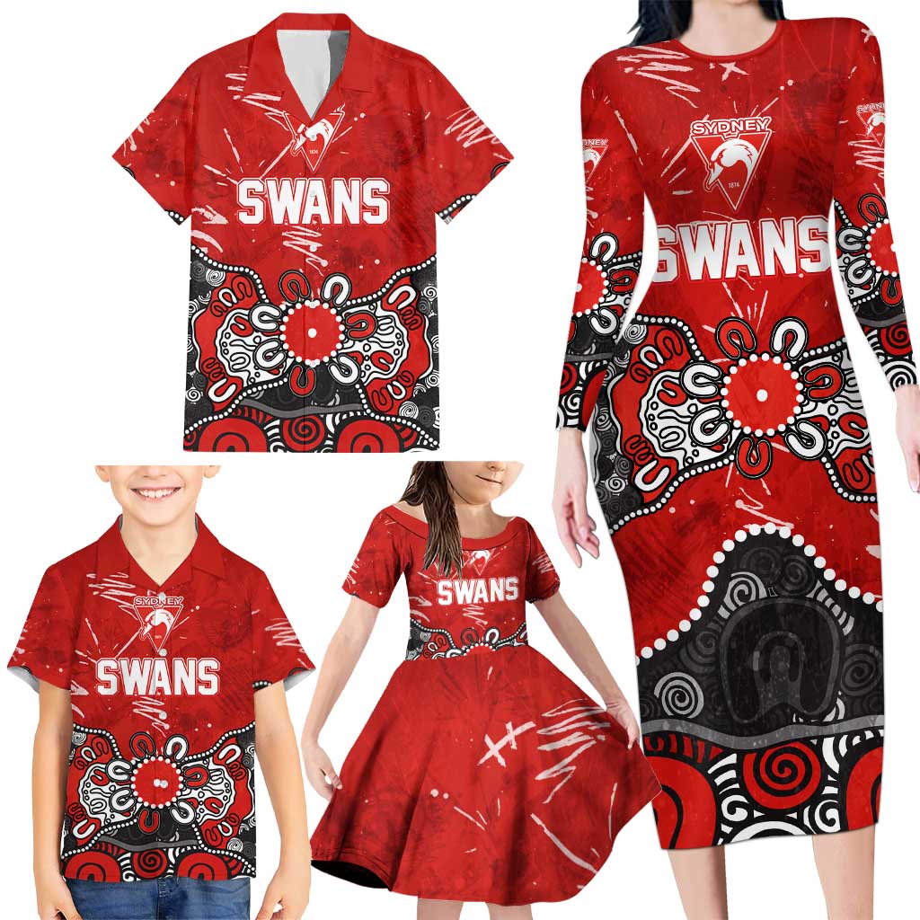 Personalized Sydney Swans Family Matching Long Sleeve Bodycon Dress and Hawaiian Shirt Aboriginal Dot Painting Graffiti Style
