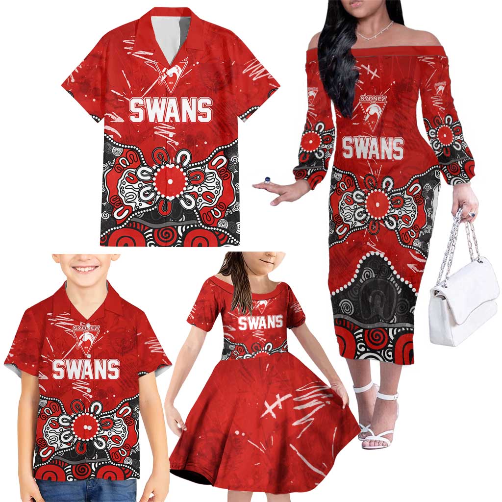Personalized Sydney Swans Family Matching Off The Shoulder Long Sleeve Dress and Hawaiian Shirt Aboriginal Dot Painting Graffiti Style