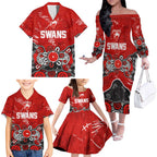 Personalized Sydney Swans Family Matching Off The Shoulder Long Sleeve Dress and Hawaiian Shirt Aboriginal Dot Painting Graffiti Style