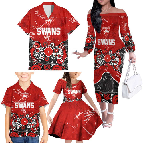 Personalized Sydney Swans Family Matching Off The Shoulder Long Sleeve Dress and Hawaiian Shirt Aboriginal Dot Painting Graffiti Style